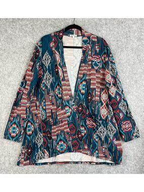 Kiyonna Cardigan Womens 1X Blue Red Patterned Stretchy Drapey Southwestern Boho‎